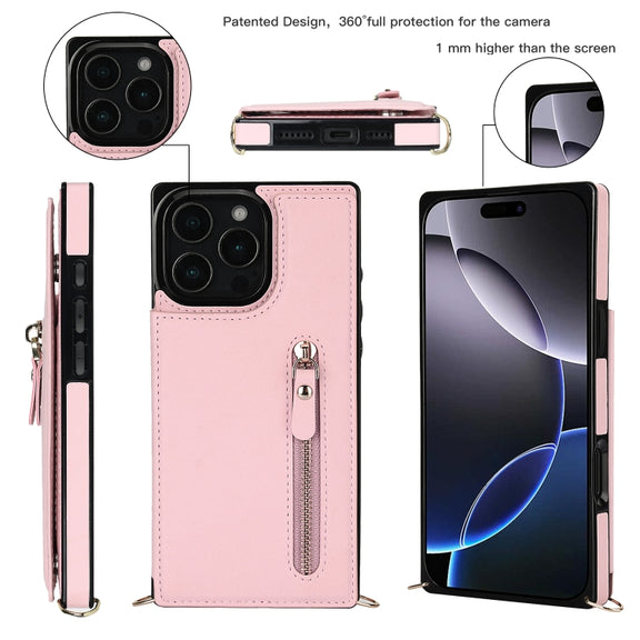 For iPhone 16 Pro Max Cross-body Zipper Square Phone Case(Pink)