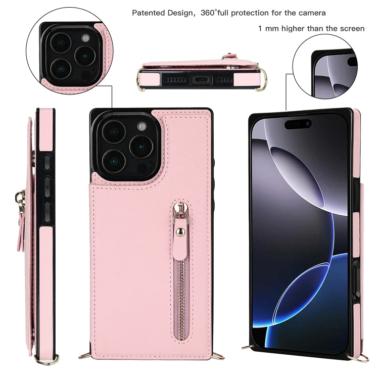 For iPhone 16 Pro Max Cross-body Zipper Square Phone Case(Pink)