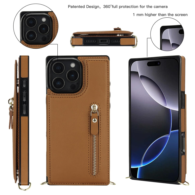 For iPhone 16 Pro Max Cross-body Zipper Square Phone Case(Brown)