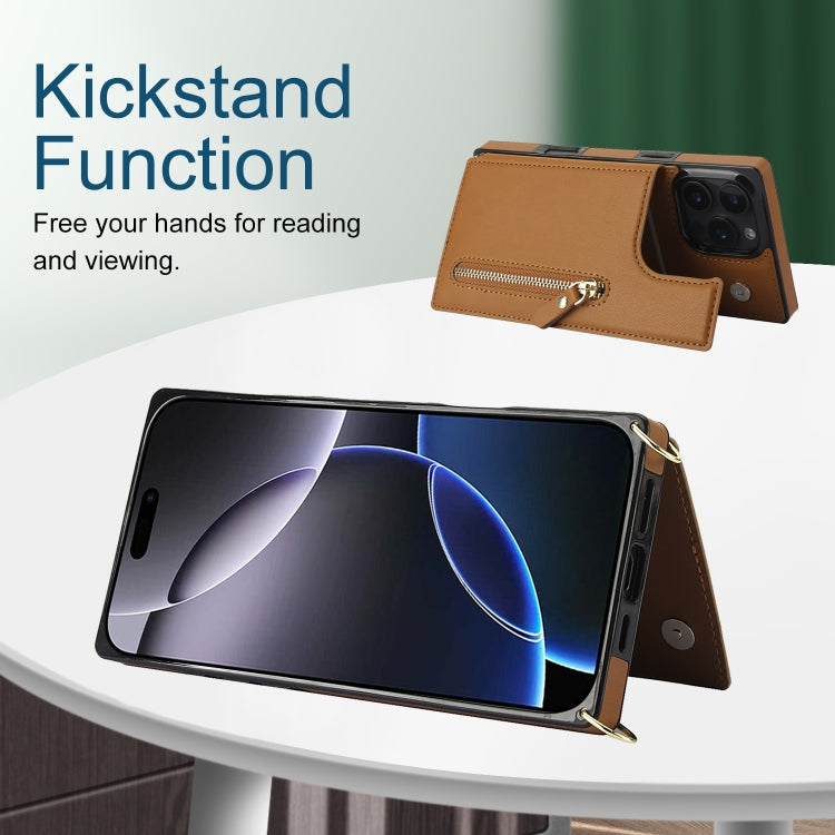 For iPhone 16 Pro Max Cross-body Zipper Square Phone Case(Brown)