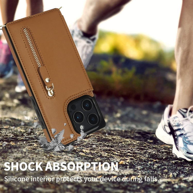 For iPhone 16 Pro Max Cross-body Zipper Square Phone Case(Brown)