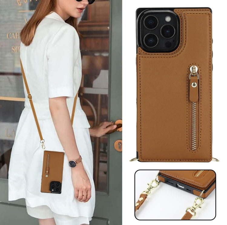 For iPhone 16 Pro Max Cross-body Zipper Square Phone Case(Brown)