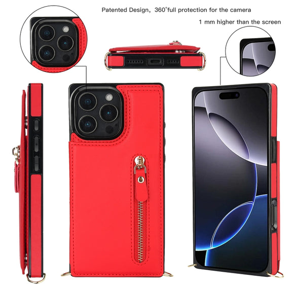 For iPhone 16 Pro Max Cross-body Zipper Square Phone Case(Red)