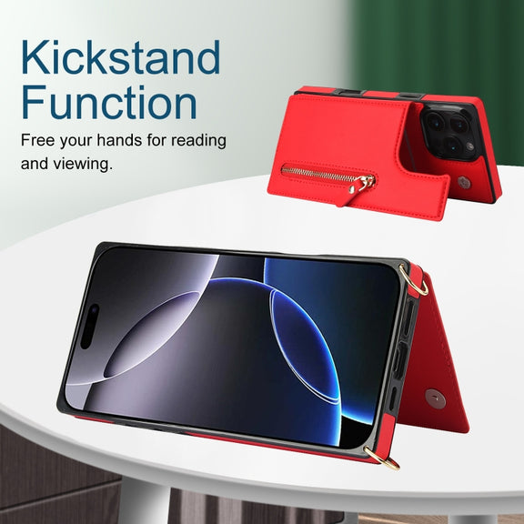For iPhone 16 Pro Max Cross-body Zipper Square Phone Case(Red)