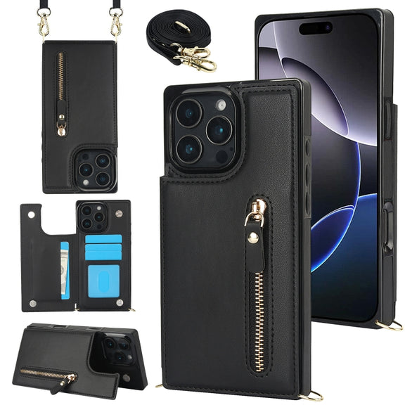 For iPhone 16 Pro Max Cross-body Zipper Square Phone Case(Black)