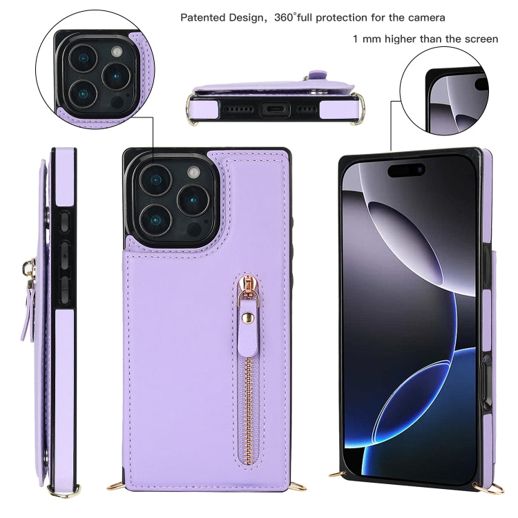 For iPhone 16 Pro Cross-body Zipper Square Phone Case(Purple)