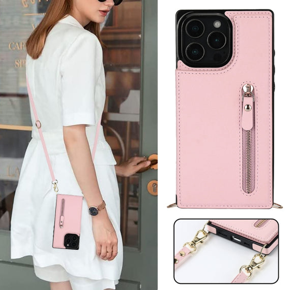 For iPhone 16 Pro Cross-body Zipper Square Phone Case(Pink)