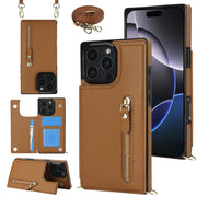 For iPhone 16 Pro Cross-body Zipper Square Phone Case(Brown)