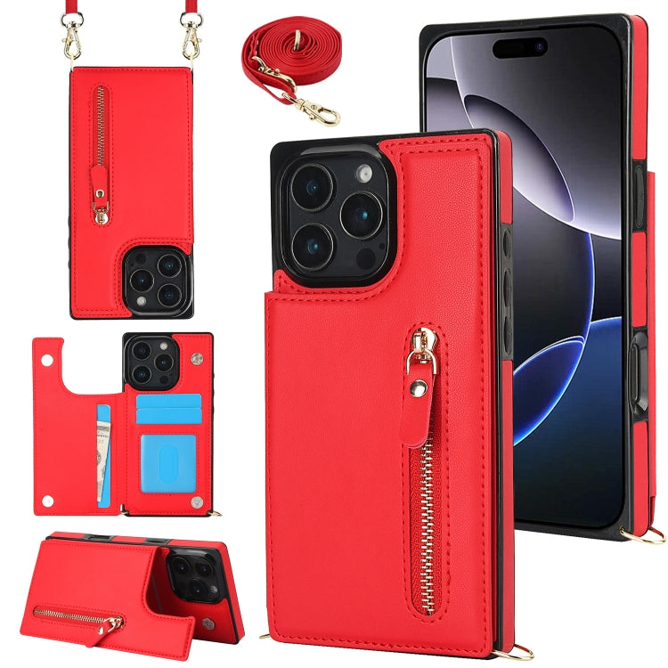 For iPhone 16 Pro Cross-body Zipper Square Phone Case(Red)