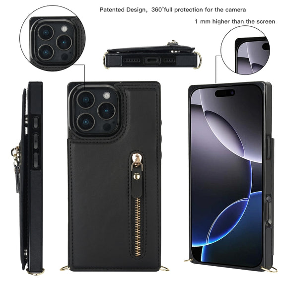 For iPhone 16 Pro Cross-body Zipper Square Phone Case(Black)