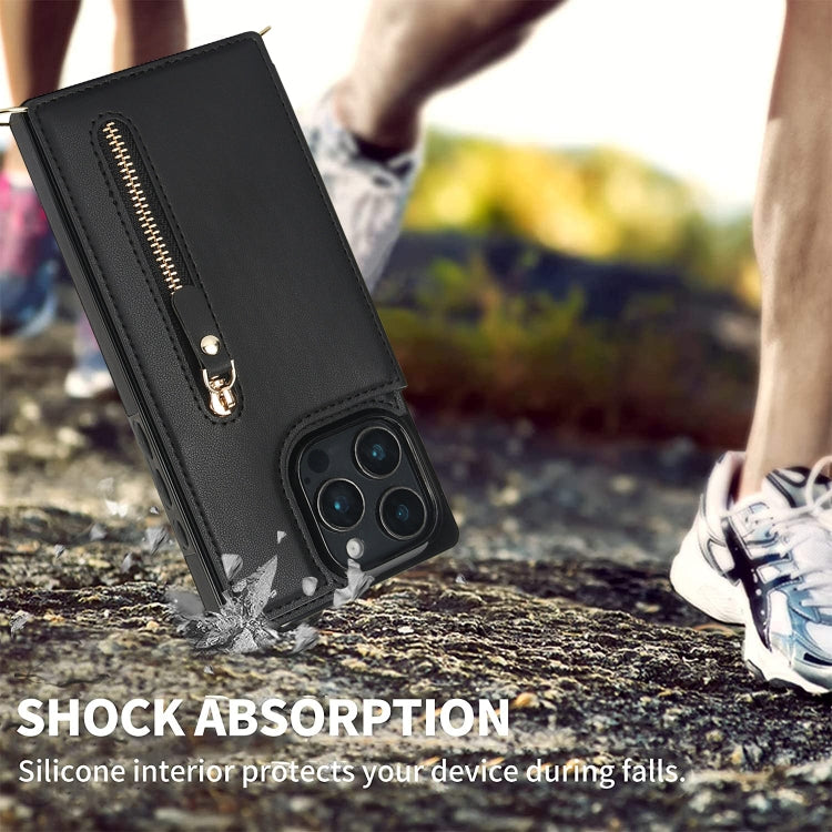 For iPhone 16 Pro Cross-body Zipper Square Phone Case(Black)