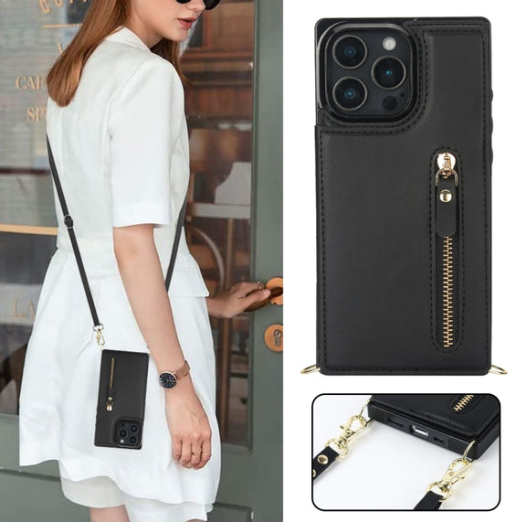 For iPhone 16 Pro Cross-body Zipper Square Phone Case(Black)