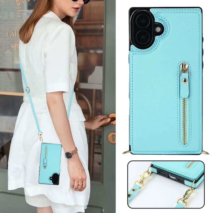 For iPhone 16 Plus Cross-body Zipper Square Phone Case(Green)