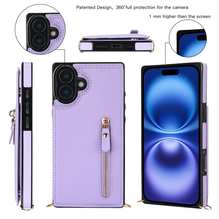 For iPhone 16 Plus Cross-body Zipper Square Phone Case(Purple)