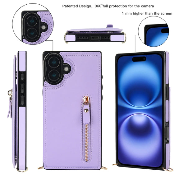 For iPhone 16 Plus Cross-body Zipper Square Phone Case(Purple)
