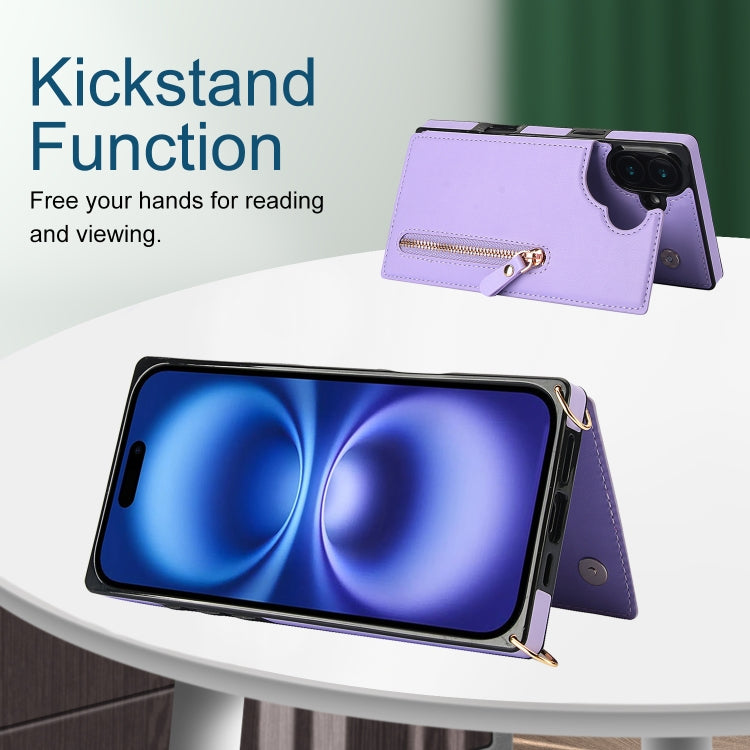 For iPhone 16 Plus Cross-body Zipper Square Phone Case(Purple)