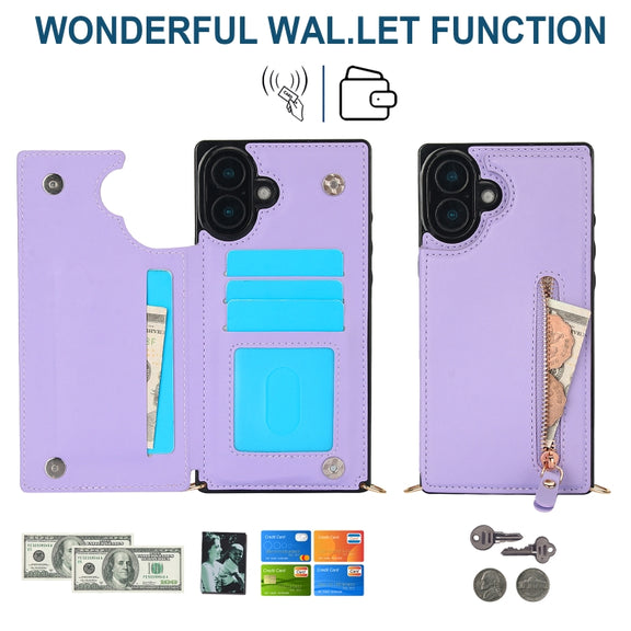For iPhone 16 Plus Cross-body Zipper Square Phone Case(Purple)