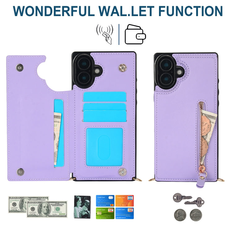 For iPhone 16 Plus Cross-body Zipper Square Phone Case(Purple)