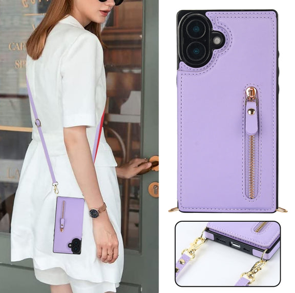 For iPhone 16 Plus Cross-body Zipper Square Phone Case(Purple)