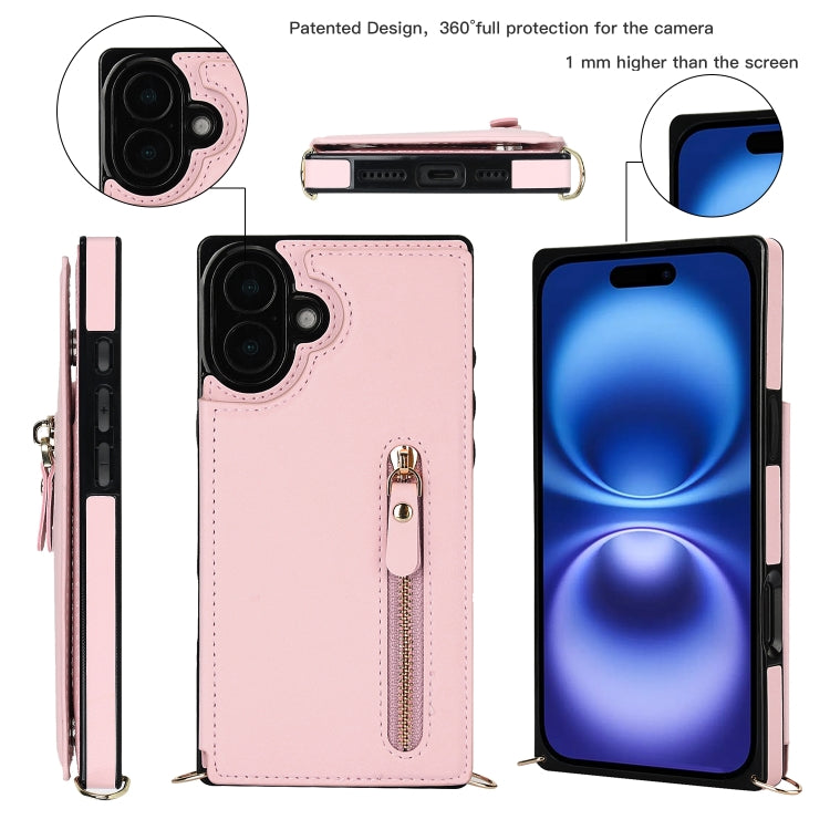 For iPhone 16 Plus Cross-body Zipper Square Phone Case(Pink)