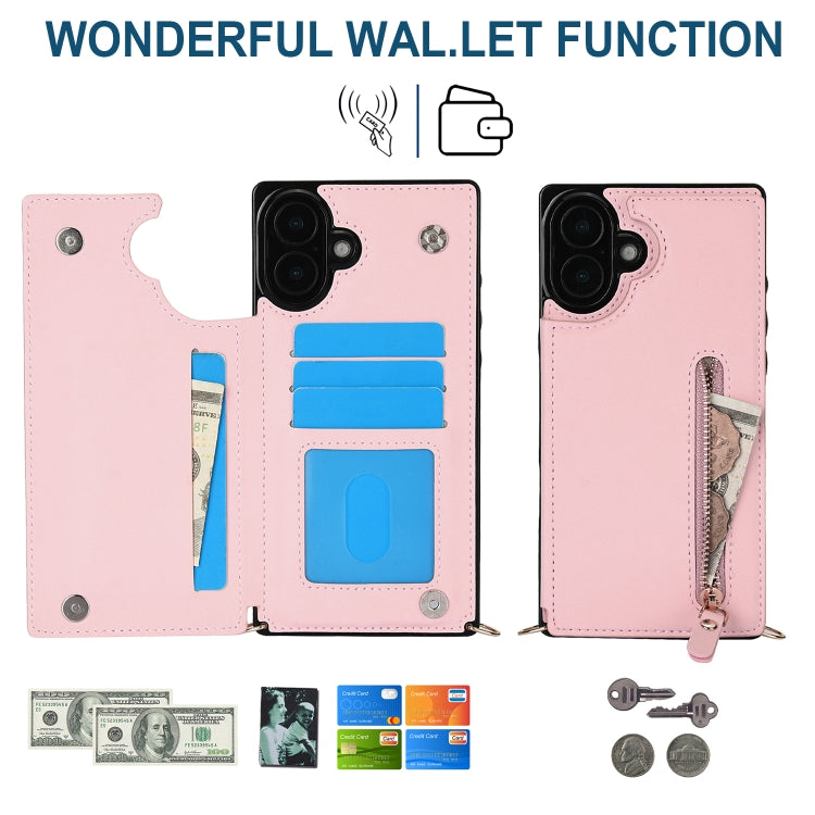 For iPhone 16 Plus Cross-body Zipper Square Phone Case(Pink)