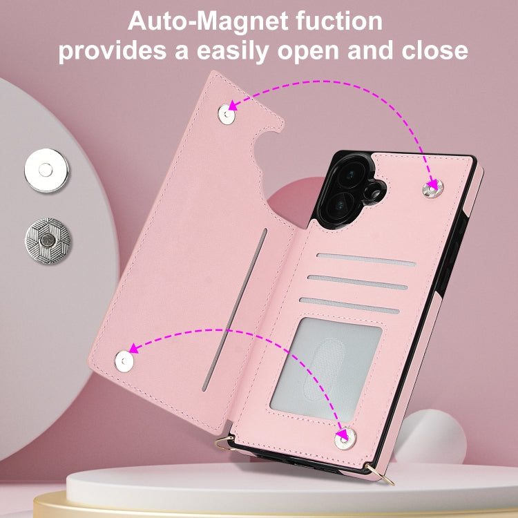 For iPhone 16 Plus Cross-body Zipper Square Phone Case(Pink)
