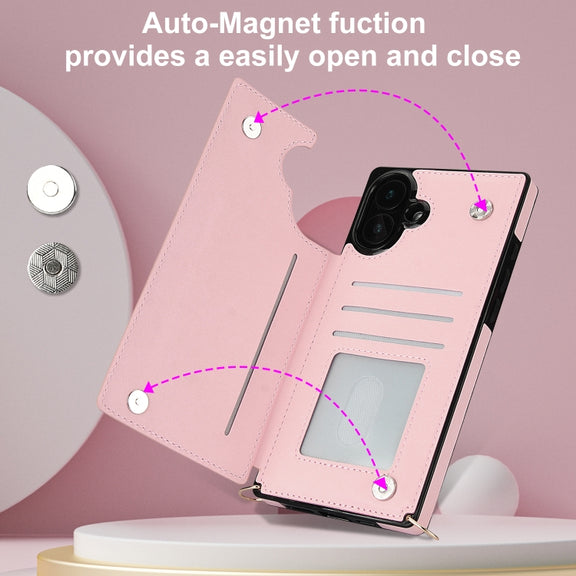 For iPhone 16 Plus Cross-body Zipper Square Phone Case(Pink)