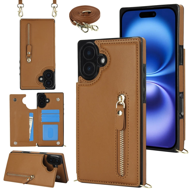 For iPhone 16 Plus Cross-body Zipper Square Phone Case(Brown)