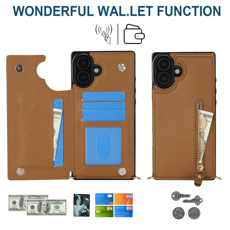 For iPhone 16 Plus Cross-body Zipper Square Phone Case(Brown)