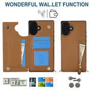 For iPhone 16 Plus Cross-body Zipper Square Phone Case(Brown)