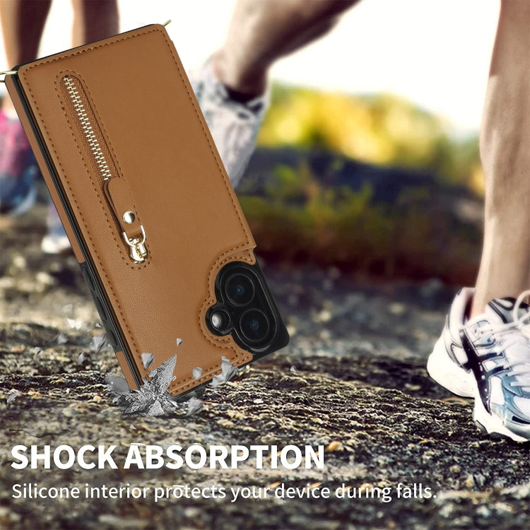For iPhone 16 Plus Cross-body Zipper Square Phone Case(Brown)