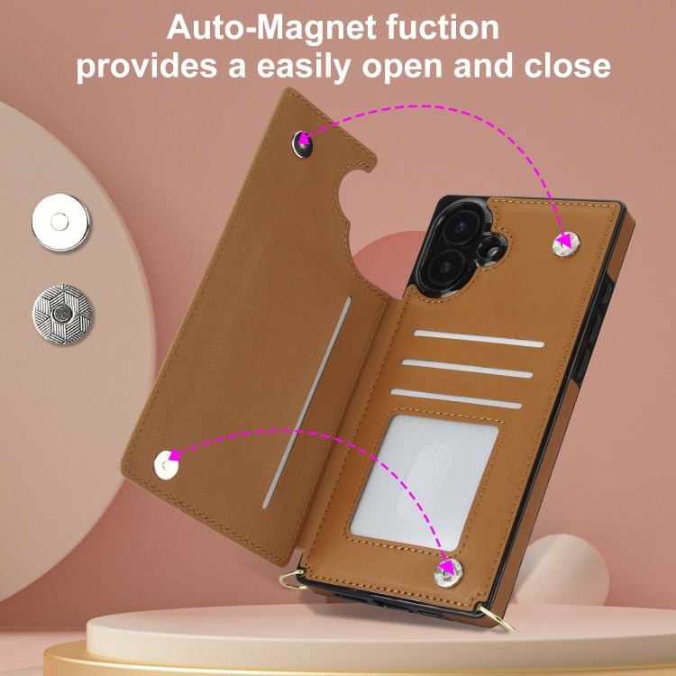 For iPhone 16 Plus Cross-body Zipper Square Phone Case(Brown)