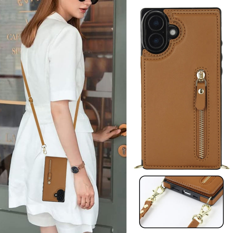 For iPhone 16 Plus Cross-body Zipper Square Phone Case(Brown)