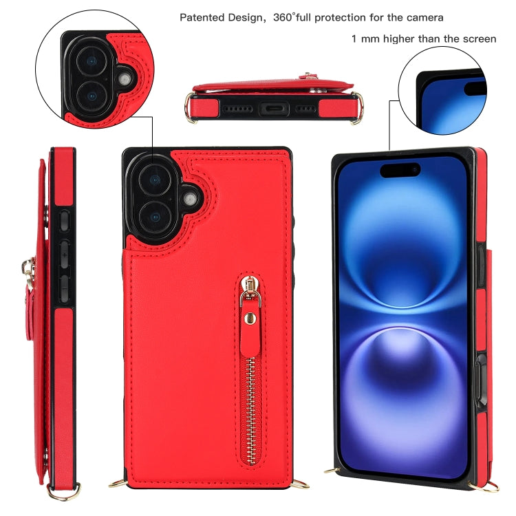 For iPhone 16 Plus Cross-body Zipper Square Phone Case(Red)