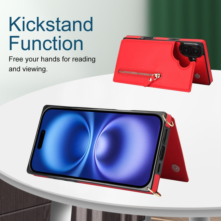 For iPhone 16 Plus Cross-body Zipper Square Phone Case(Red)