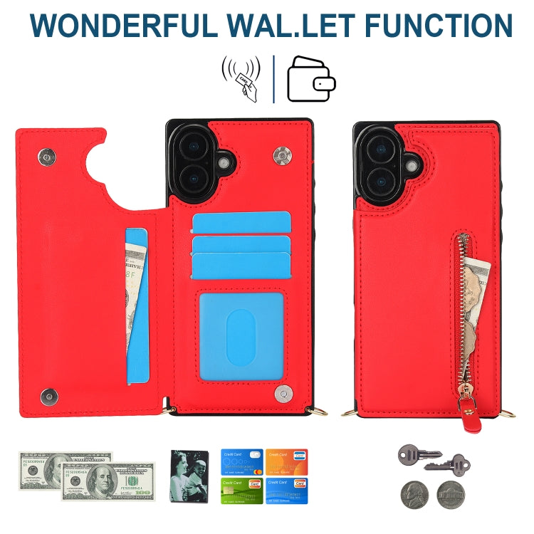 For iPhone 16 Plus Cross-body Zipper Square Phone Case(Red)