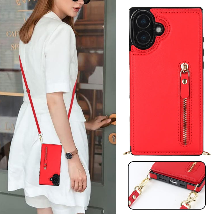 For iPhone 16 Plus Cross-body Zipper Square Phone Case(Red)