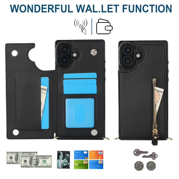 For iPhone 16 Plus Cross-body Zipper Square Phone Case(Black)