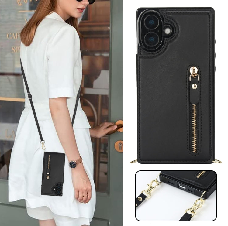 For iPhone 16 Plus Cross-body Zipper Square Phone Case(Black)