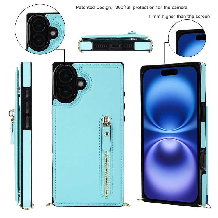 For iPhone 16 Cross-body Zipper Square Phone Case(Green)