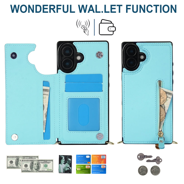 For iPhone 16 Cross-body Zipper Square Phone Case(Green)