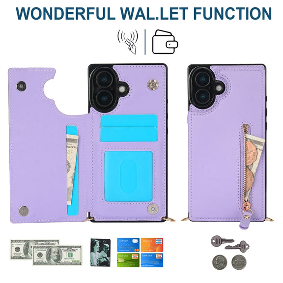 For iPhone 16 Cross-body Zipper Square Phone Case(Purple)