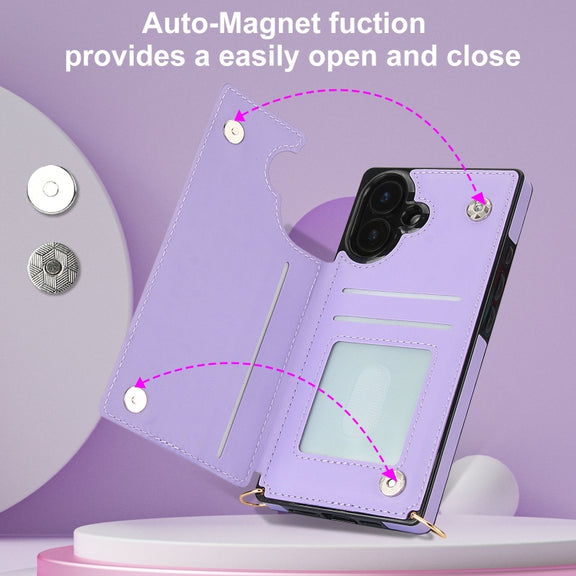 For iPhone 16 Cross-body Zipper Square Phone Case(Purple)