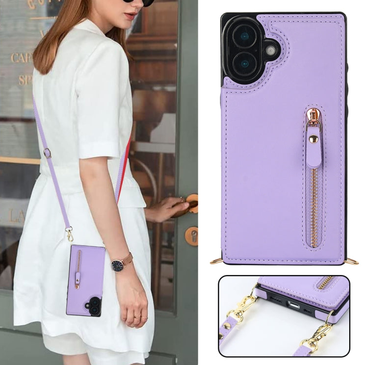 For iPhone 16 Cross-body Zipper Square Phone Case(Purple)