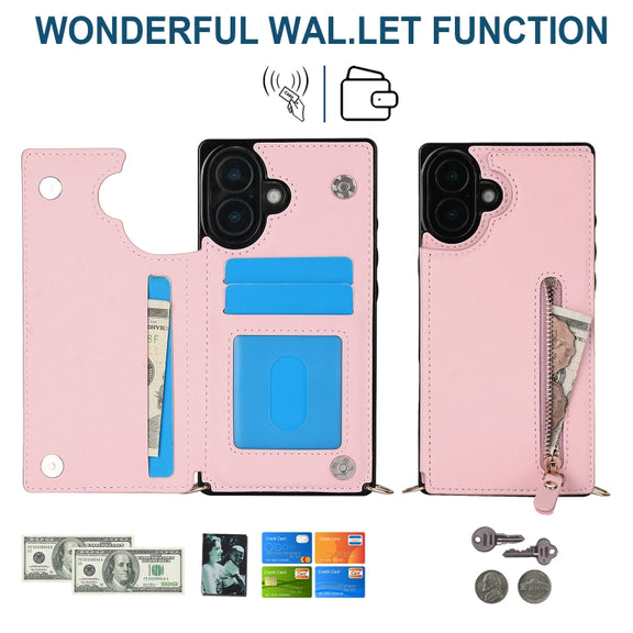 For iPhone 16 Cross-body Zipper Square Phone Case(Pink)