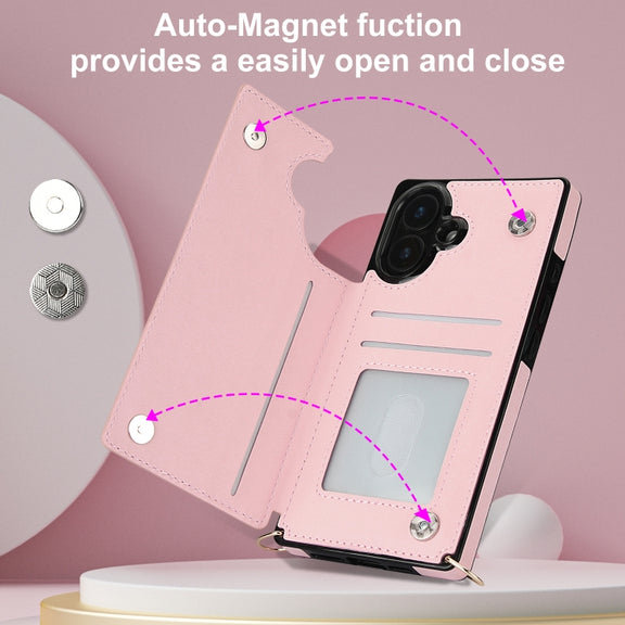 For iPhone 16 Cross-body Zipper Square Phone Case(Pink)