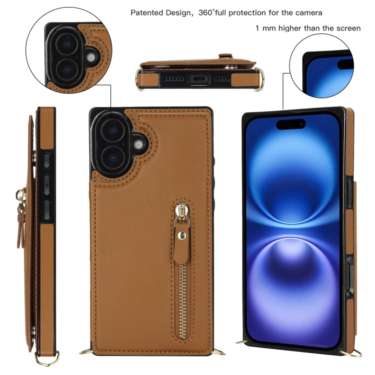 For iPhone 16 Cross-body Zipper Square Phone Case(Brown)