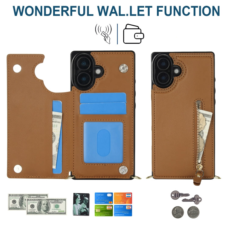 For iPhone 16 Cross-body Zipper Square Phone Case(Brown)