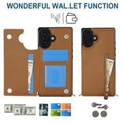 For iPhone 16 Cross-body Zipper Square Phone Case(Brown)
