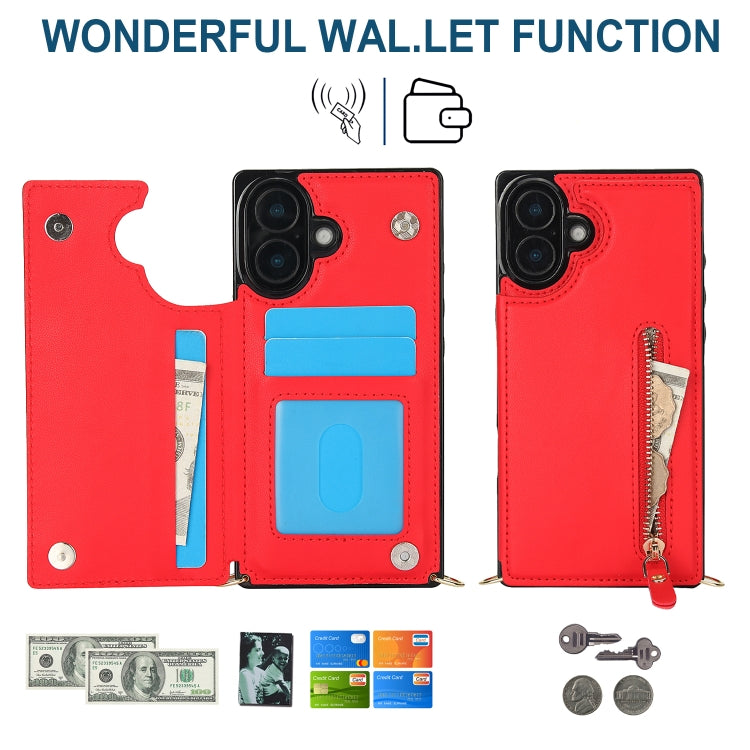 For iPhone 16 Cross-body Zipper Square Phone Case(Red)